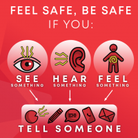 Feel safe, be safe diagram. If you see something, hear something or feel something, tell someone.